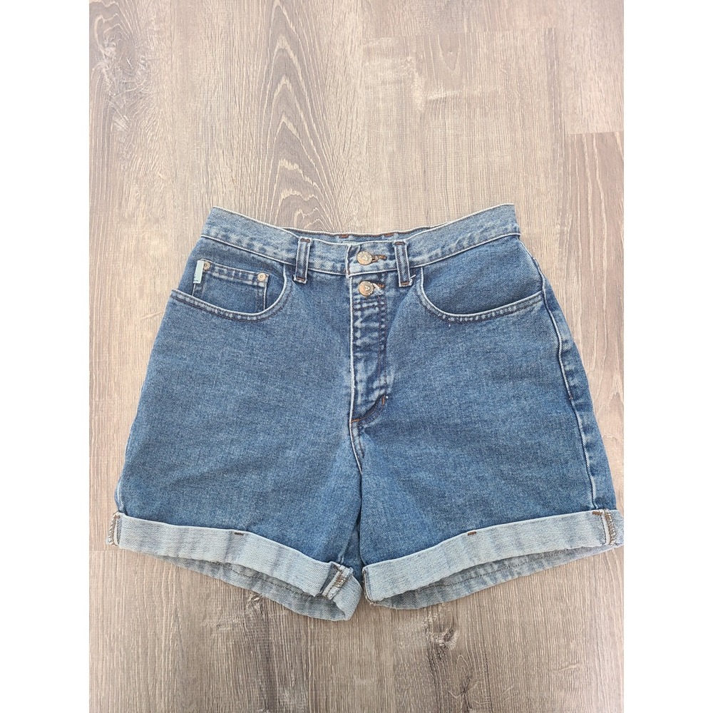 VTG Arizona‎ Jeans 9 High Rise 90s Mom Shorts Heavy Denim Blue Cuffed Button Fly